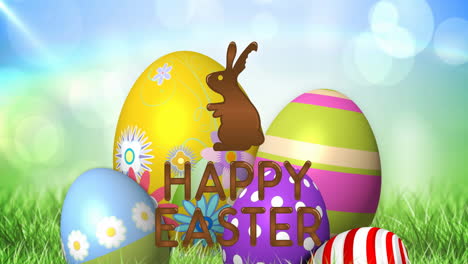 animation of happy easter text with easter bunny over decorated easter eggs
