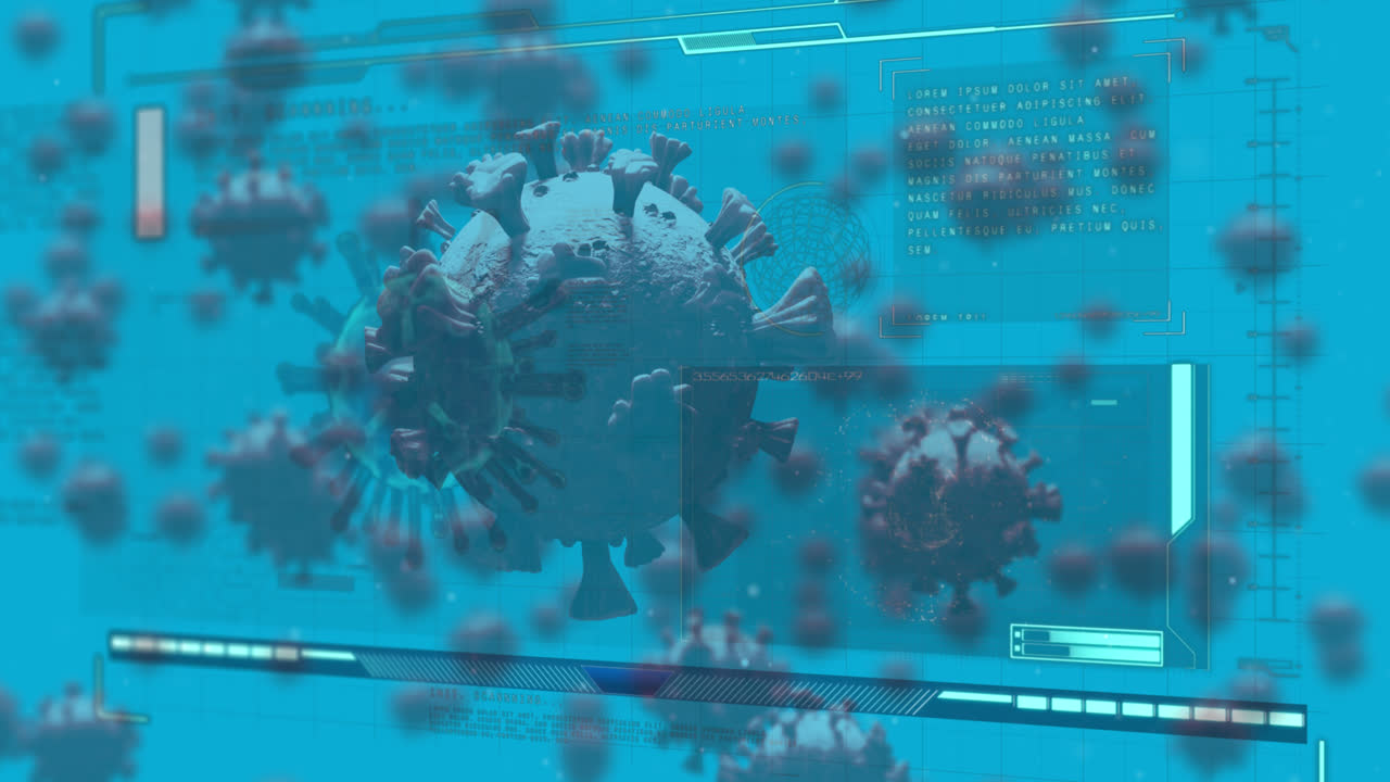 파란색 배경에서 데이터 처리 및 바이러스 세포의 애니메이션