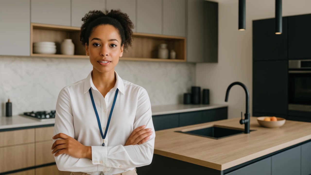 Donna professionista che parla alla telecamera in una cucina moderna
