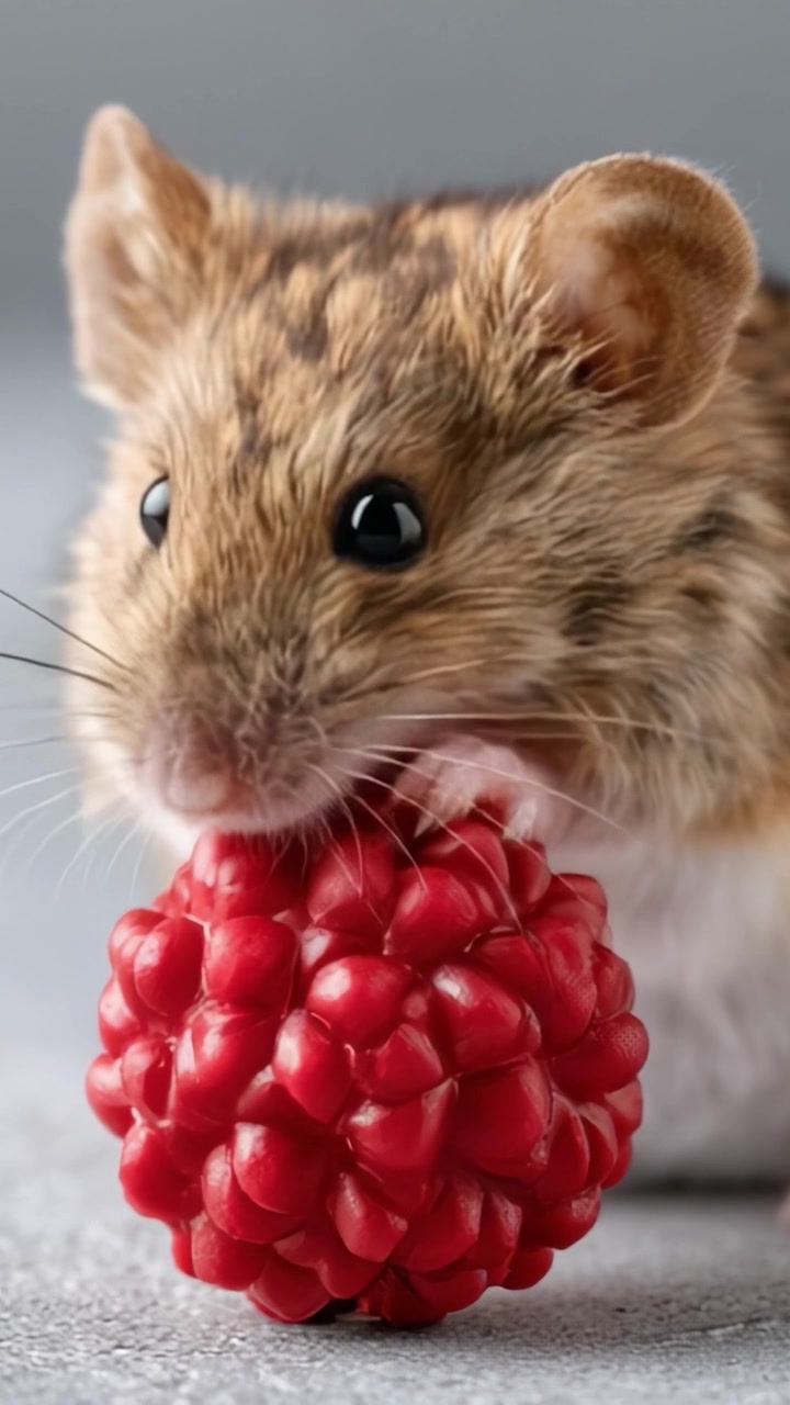 Un affascinante roditore afferra un lampone vivace: catturare la deliziosa interazione tra un piccolo animale e il suo frutto in un momento spensierato.