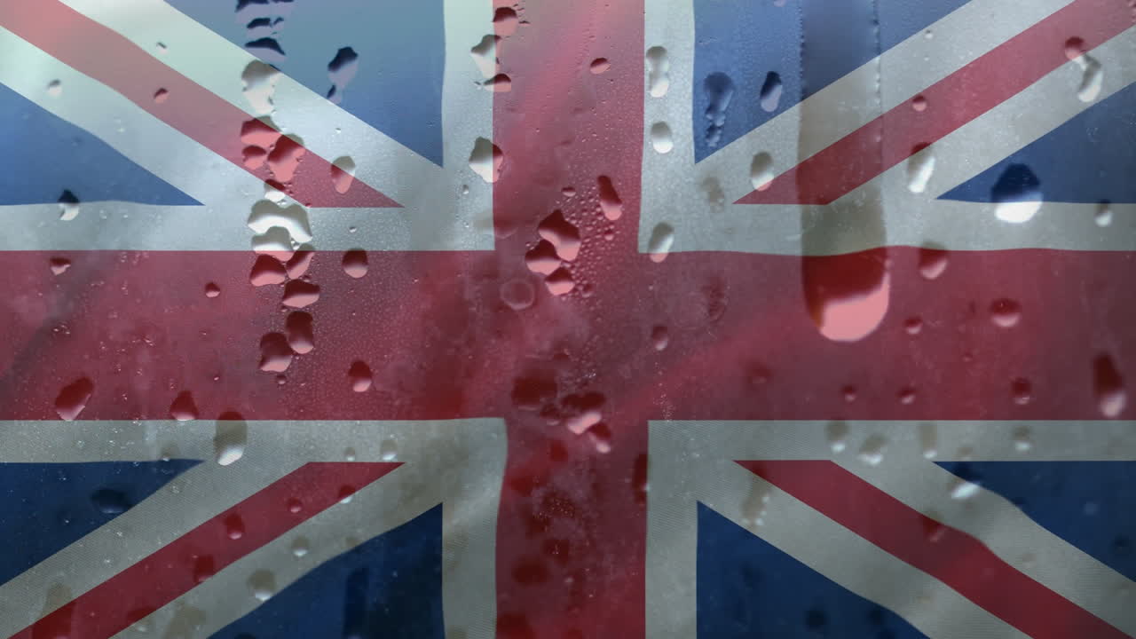 bandera británica con gotas de lluvia