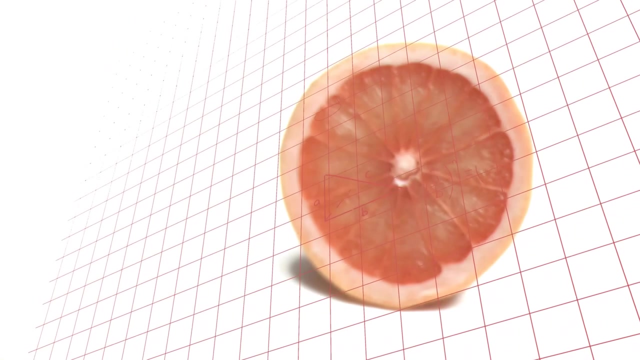 Spicchio di pompelmo rosa che ruota e rotola su una griglia rossa, con la telecamera che si sposta illustrando note matematiche