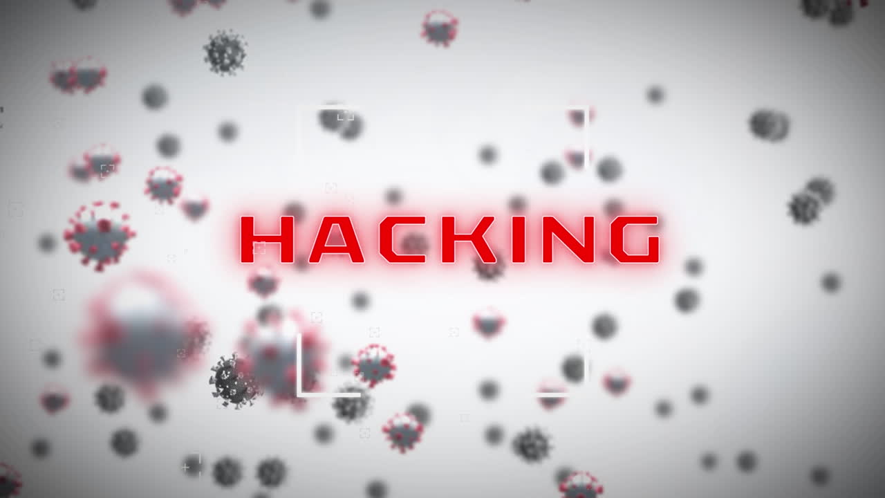 animación de virus que caen y texto de hacking sobre fondo blanco
