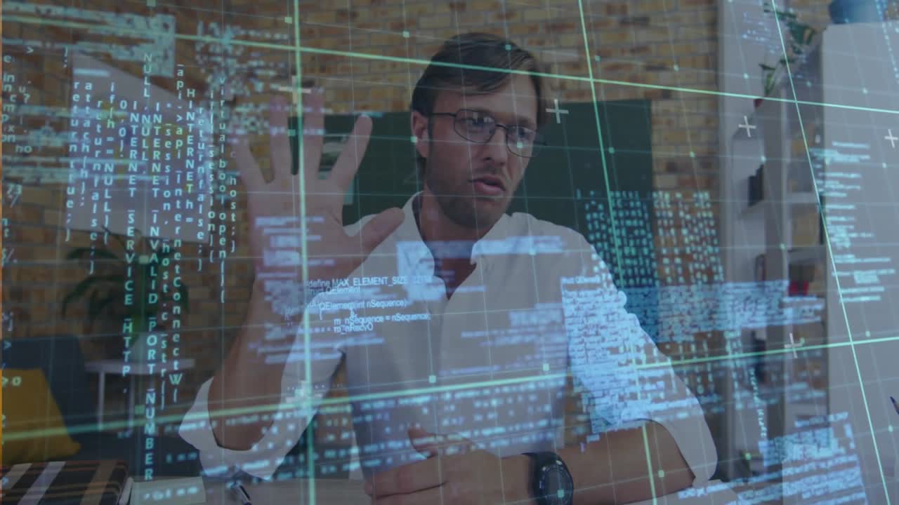 Man picking up smartphone and tilting phone to camera while showing app features using code overlay