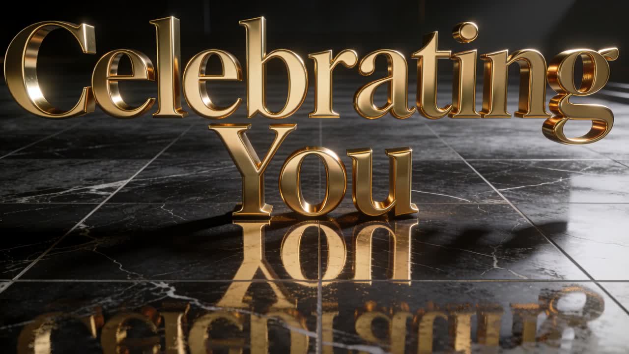Camera zooming, spotlights shifting, 3D gold text Celebrating You enhancing marble reflection promo
