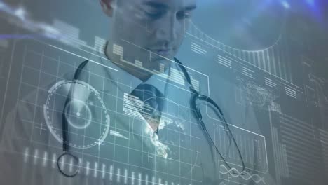 Computer-digital-interface-and-data-processing-against-male-doctor-with-stethoscope-around-his-neck-