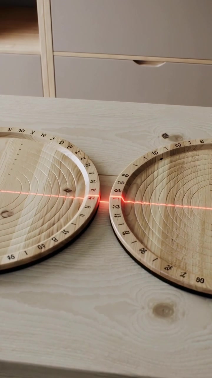 Vertical video: Getting laser, ringed targets showing red seam point on bench, panning to align