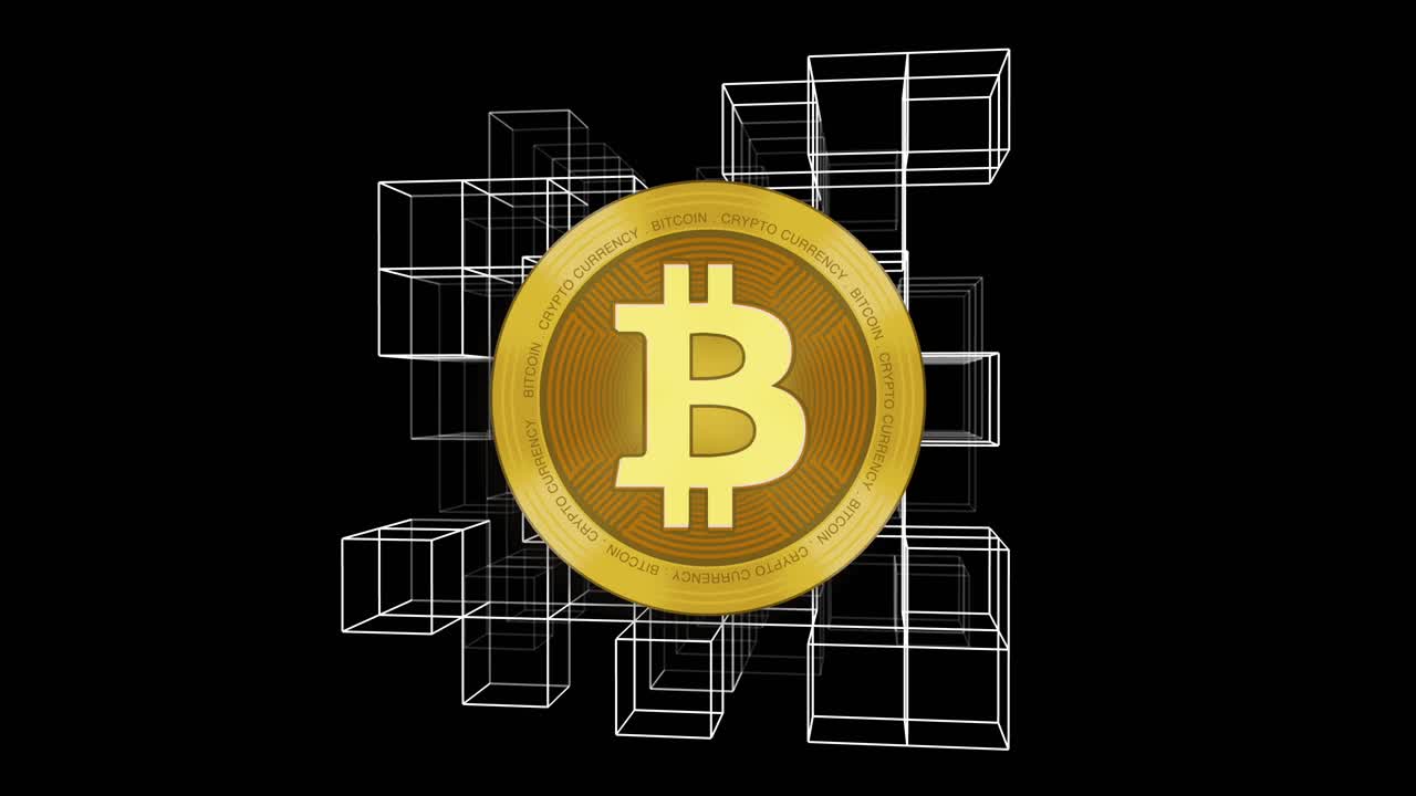 Golden bitcoin spins over a cube-based digital structure