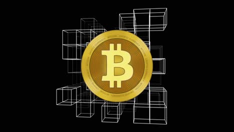 golden bitcoin spins over a cube-based digital structure
