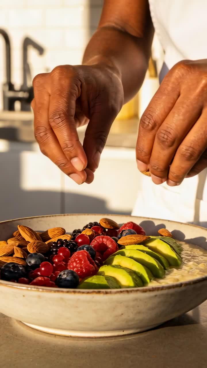 Vídeo vertical: Mãos a colocar amêndoas, preparando uma tigela no balcão, com avental de abacate e frutas vermelhas.