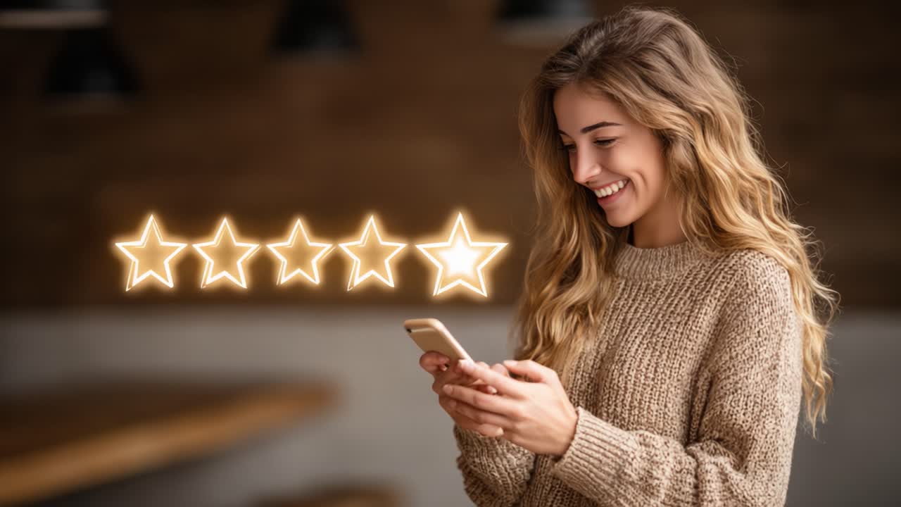 A Cheerful Young Woman Engaging with Her Mobile Phone While Enjoying a 5-Star Rating Experience, Highlighting Positive Feedback and Joyful Moments in Everyday Life