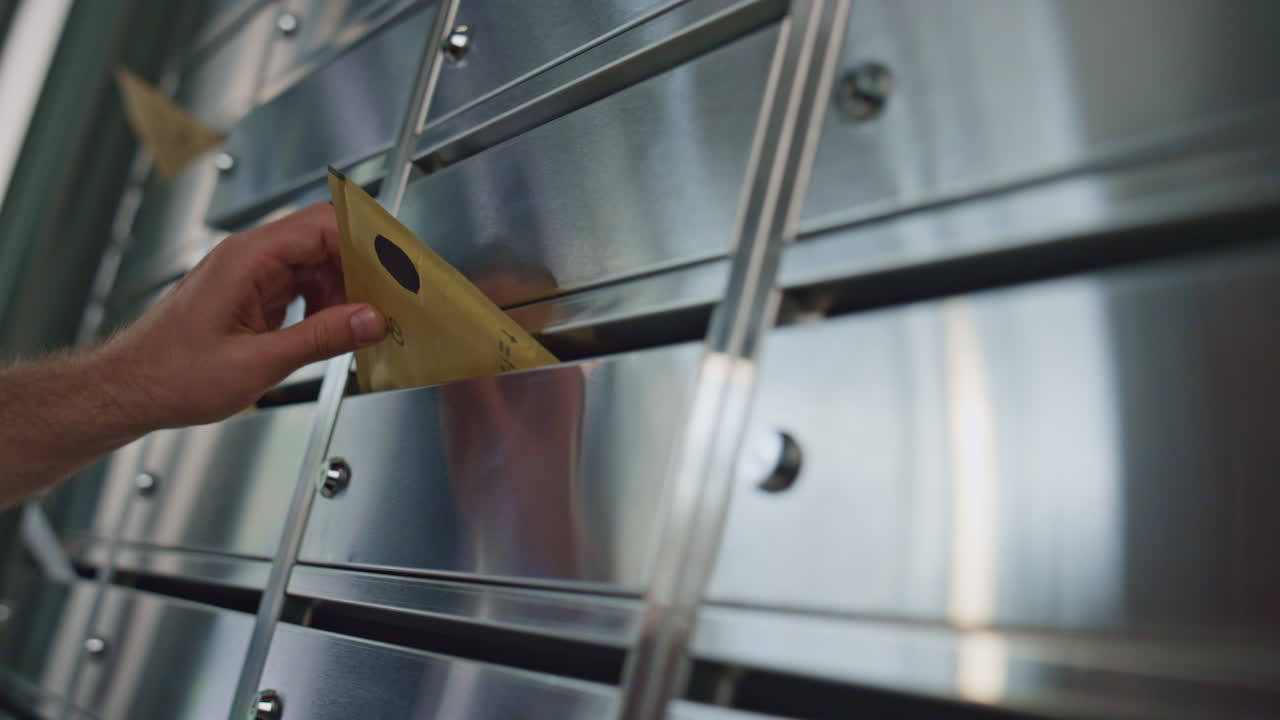 우편업자 손으로 은 용기에 편지를 넣는 근접 사진. 우편을 배달하는 노동자