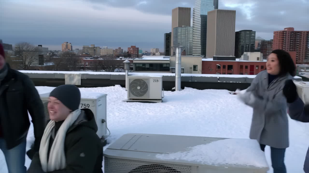 People having a snowball fight on a rooftop in the city