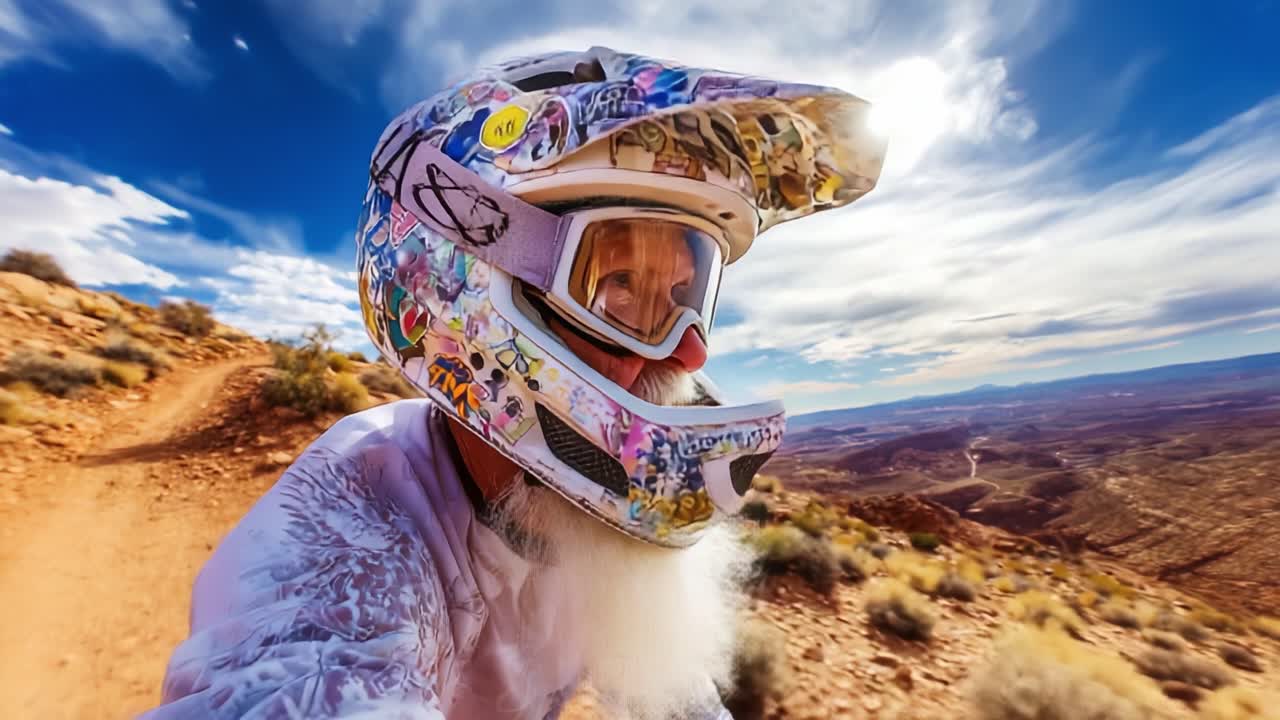 A passionate mountain biker exploring the stunning terrain, wearing a colorful helmet adorned with stickers while capturing the breathtaking views of the landscape ahead