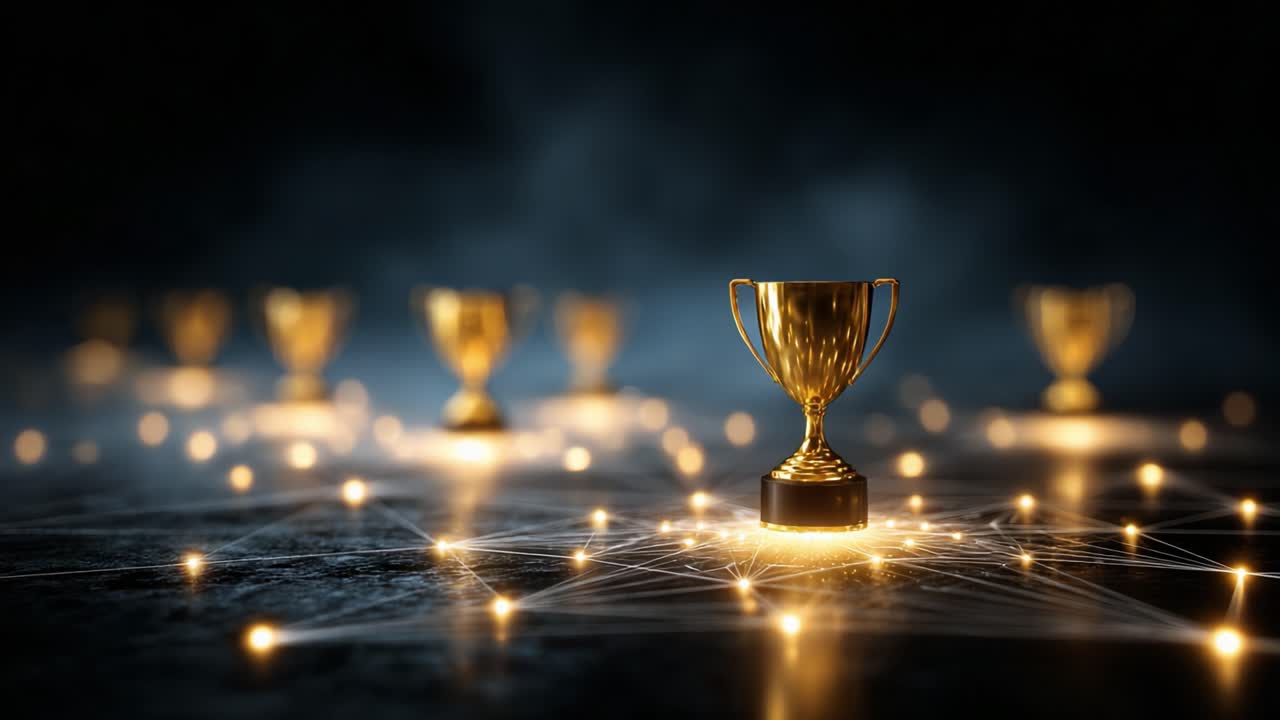 Shining Triumph: A Golden Trophy Surrounded by Glimmering Lights Representing Achievements, Success, and Recognition in a Darkened Ambient Setting
