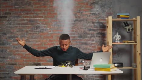 emotional afro-american man scientist with steam above head