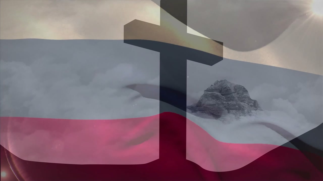 On start 3D-rendered white-red flag waving over misty mountain highlighting shifting cross shading