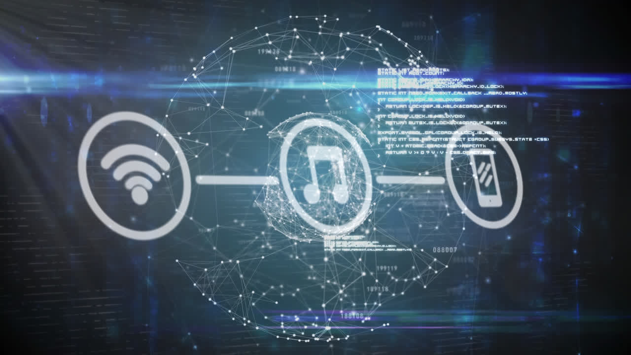 Animazione di icone digitali su un globo di rete di connessioni, punto luce e scie di luce blu