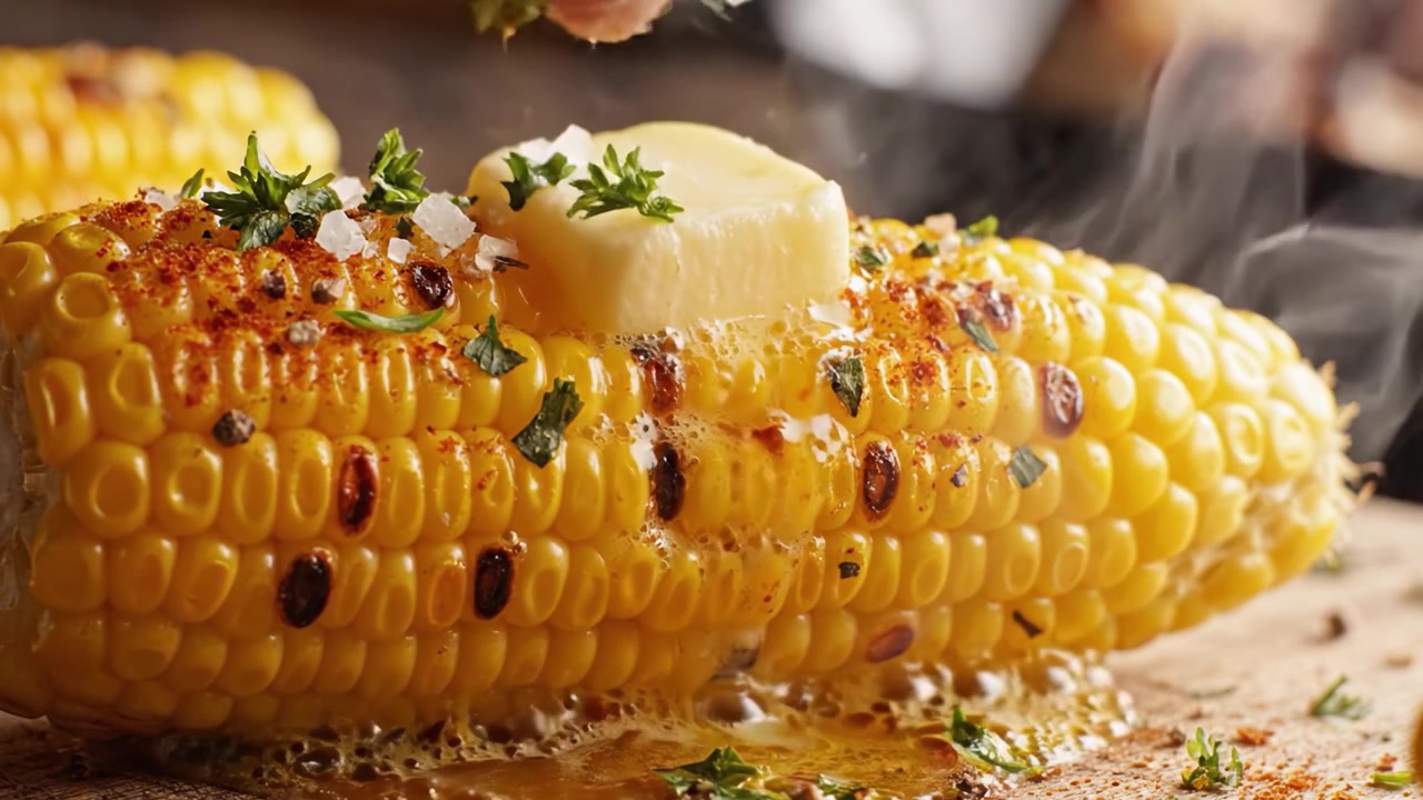 Deliciously Grilled Corn on the Cob Topped with Butter, Spices, and Fresh Herbs, Perfectly Cooked for a Flavorful and Savory Snack Experience