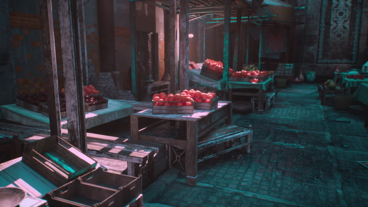 신선 한 과일 과 농산물 을 판매 하는 줄 들 이 있는 바쁜 시장 장면