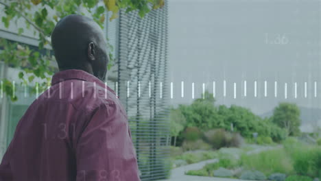 man standing balcony overlooking landscaped garden, displaying animated financial data bars overlay