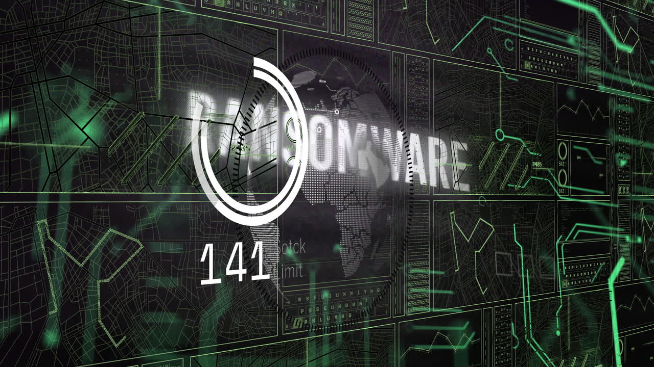 Animation of digital world map and data charts with ransomware text in background