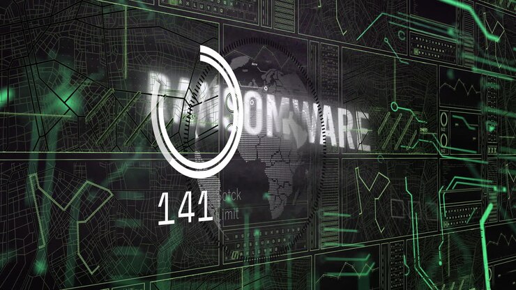 Animation of digital world map and data charts with ransomware text in background