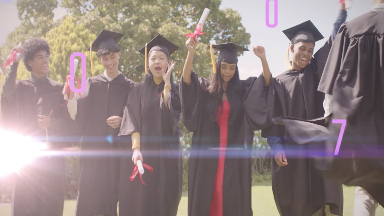 Grads celebrating diplomas, front grad walking past cam sparking peers clapping, overlay floating