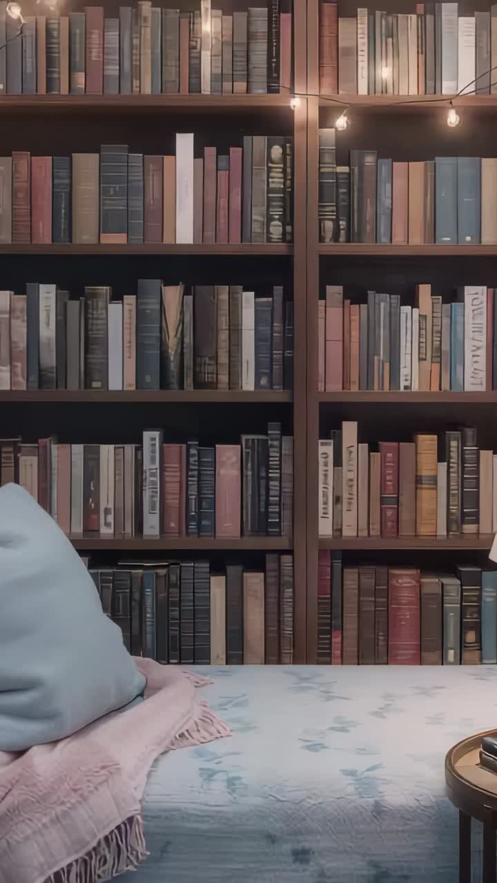 Vertical video: Panning camera revealing wooden bookshelf and daybed in bedroom, showcasing lights