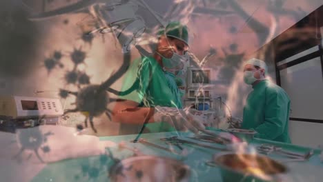 Animation-of-virus-cells-floating-over-doctors-during-surgery