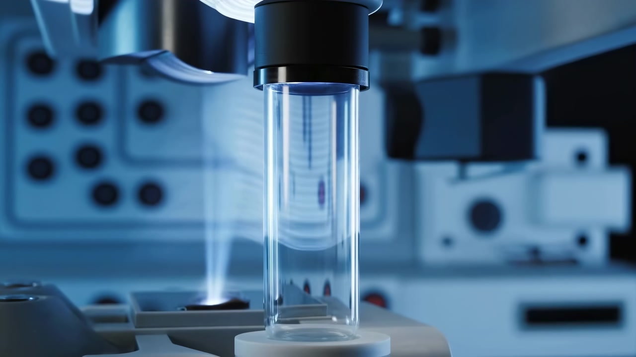 Transparent chamber remains centered on white base while narrow mist plume shifts upward from adjacent opening, surrounded by metallic equipment, dark fittings, and soft blue laboratory light.