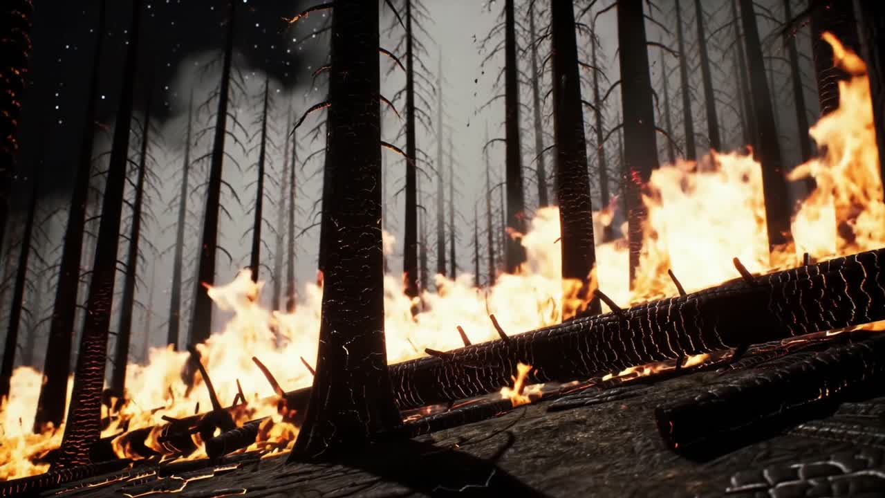 An Intense Forest Fire Engulfs Trees Amidst the Darkness, Highlighting the Destructive Power of Flames and the Impact on the Natural Landscape