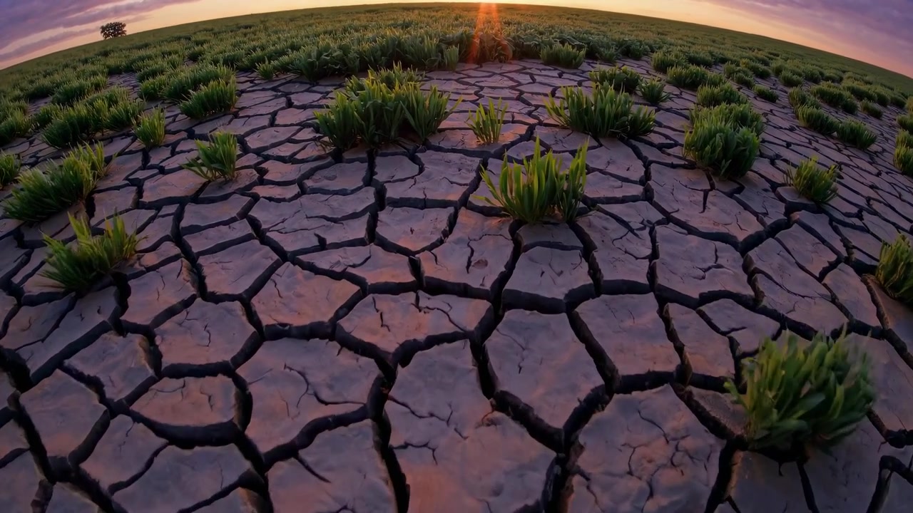Time-lapse di colture verdi che crescono in terreno secco e screpolato al tramonto
