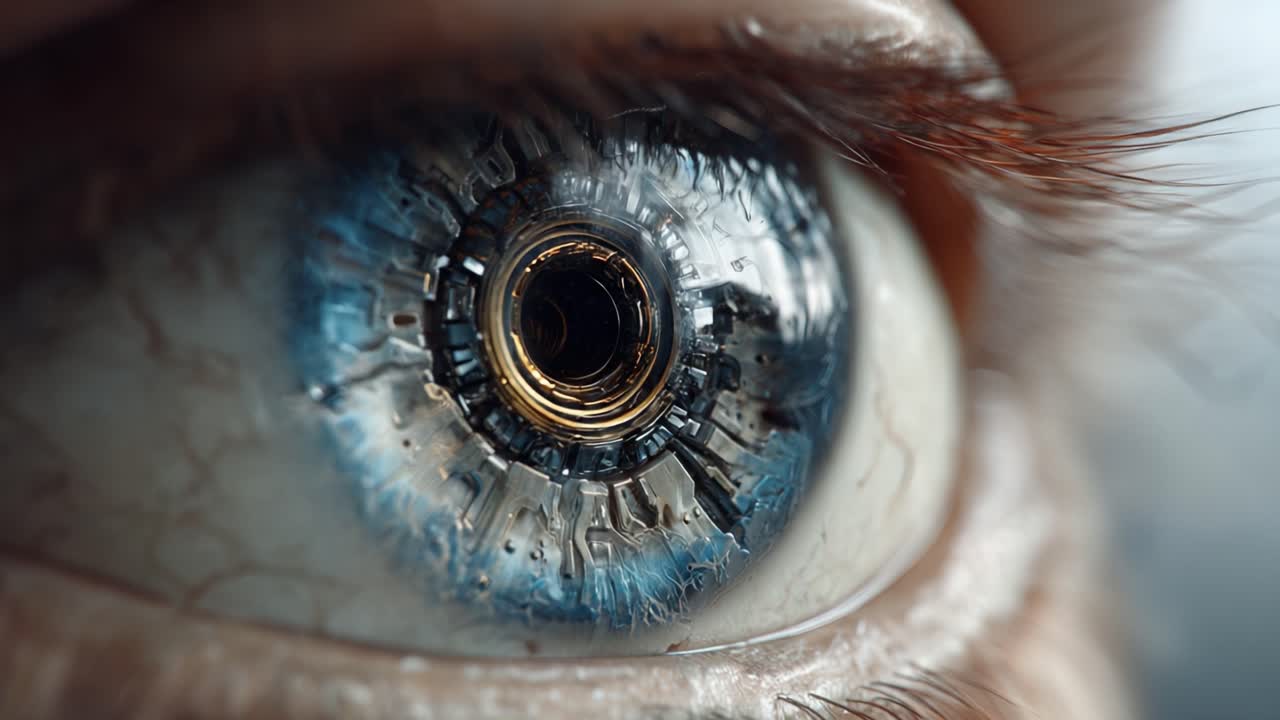 Un'Esplorazione Ravvicinata di un Occhio Cyborg Futuristico, Che Presenta Elementi Meccanici Intricati e Sorprendenti Dettagli Ottici che Fondono la Tecnologia con la Visione Umana