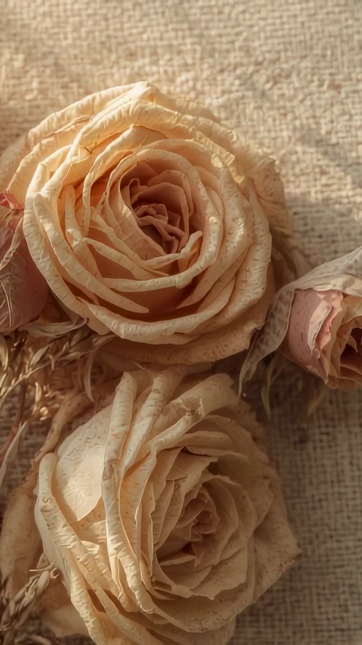 Video verticale: cambio di camera e luce calda che rivelano due rose essiccate su area di lavoro beige, bocciolo di rosa