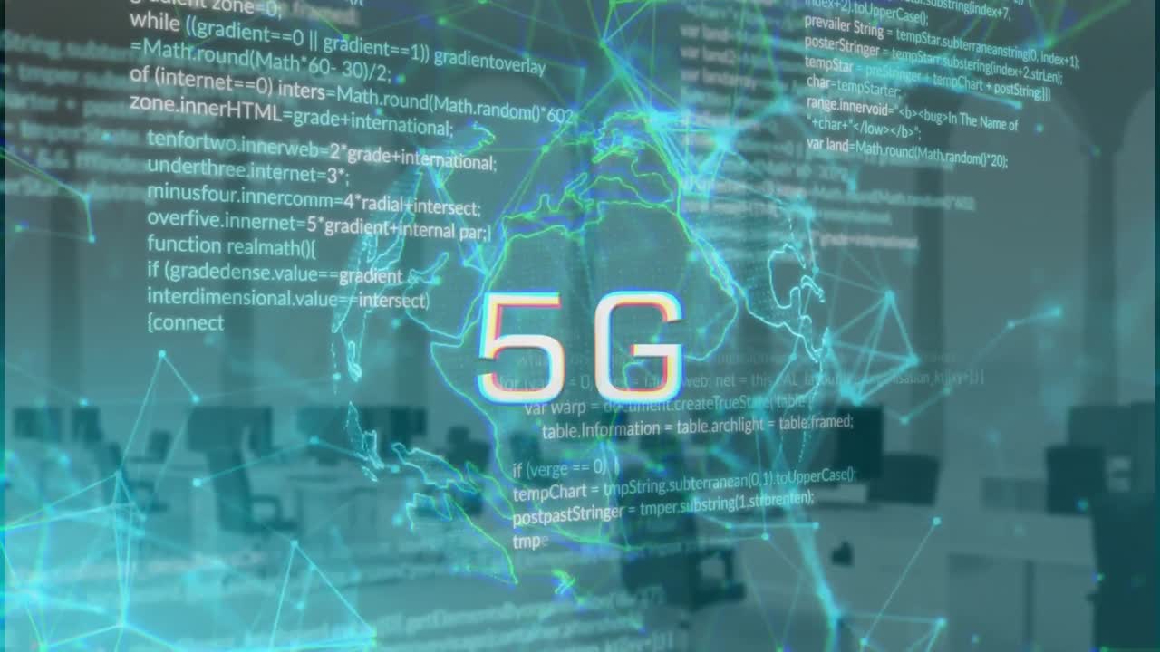 animación de texto 5g sobre el globo, lenguaje de computadora y puntos conectados sobre una oficina vacía