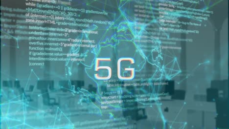 animation of 5g text over globe, computer language and connected dots over empty office