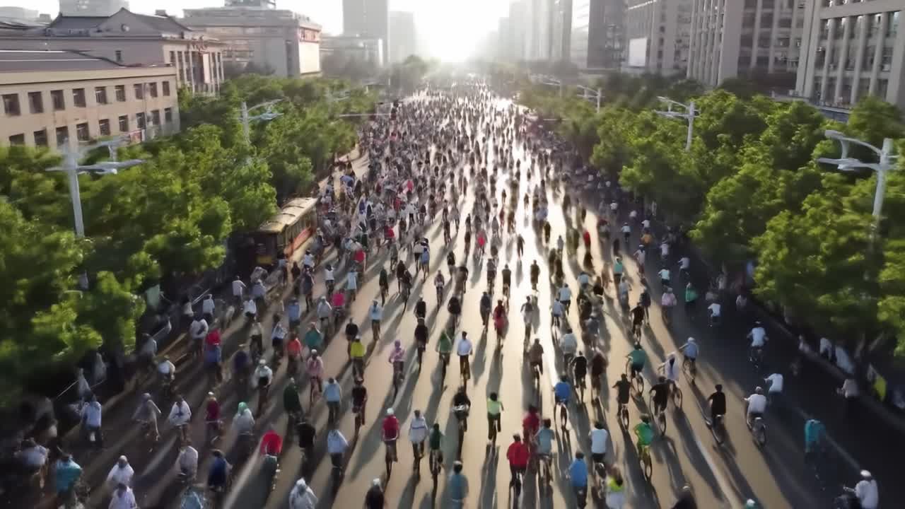 Aerial View of a Busy City Street Filled with Cyclists and pedestrians at Sunset, Showcasing Urban Life and Recreational Activity in an Urban Environment