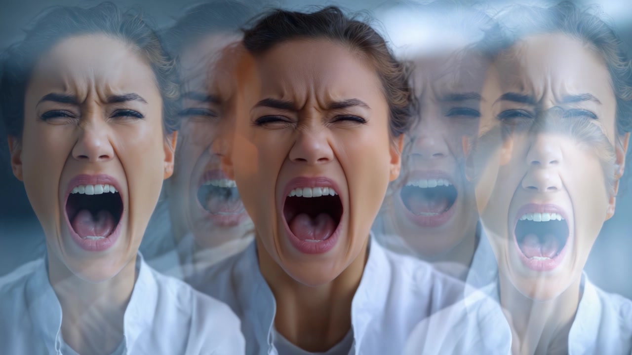 Uma mulher expressa emoções intensas enquanto grita, exibindo uma poderosa demonstração de frustração e angústia, capturada em uma série de imagens borradas que realçam o drama