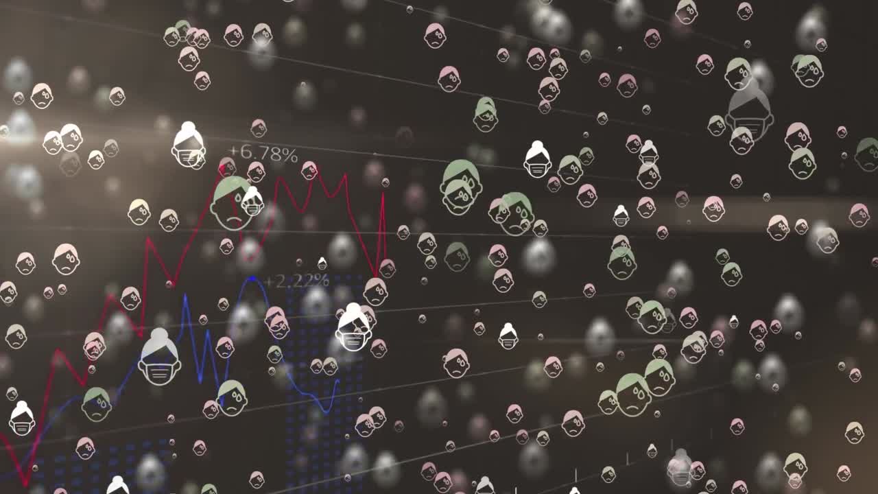 그래프와 함께 갈색 배경 위에 떠 있는 얼굴 마스크의 아이콘의 애니메이션