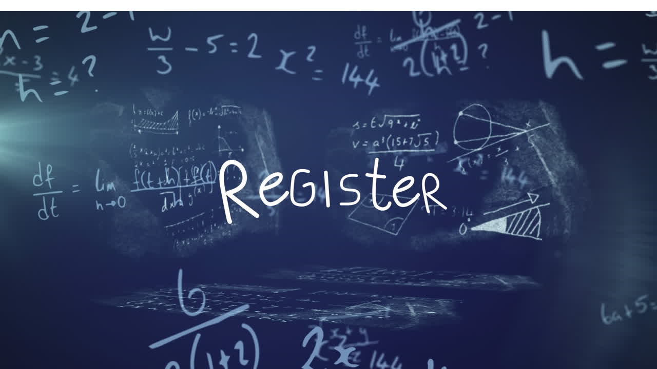 Animacja rejestru na granatowym tle z formułami matematycznymi
