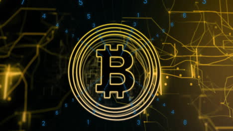 Animation of Bitcoin symbol with digital numbers and network connections in futuristic style