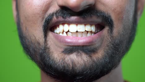 close up of smiling face, young man giving a smile, isolated on green screen background