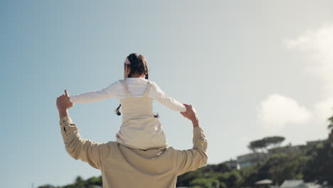 Beach-piggyback,-walking-and-father-with-child