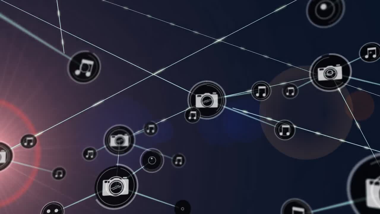 animación de la red de conexiones con iconos sobre luz rosada sobre fondo oscuro