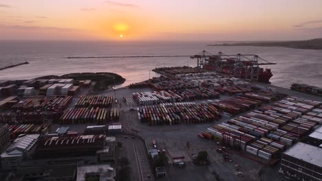 aerial view of a busy port at sunset