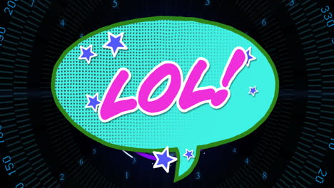 comic-style animation of speech bubble with lol! text and stars around it