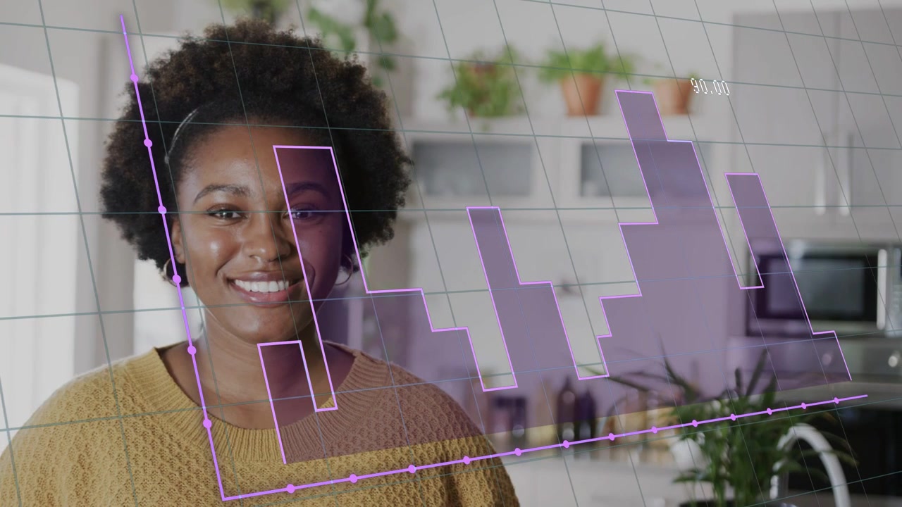 Woman hosting in kitchen, grid appearing, purple line animating, bars rising showing tech analytics
