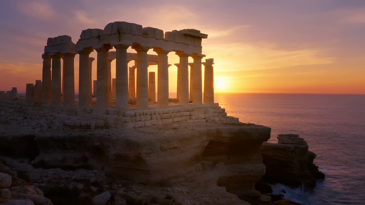 Rovine di un tempio greco antico su una scogliera con vista sull'oceano al tramonto