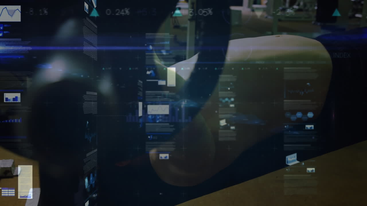 Animation of network of connections and data processing over man exercising in gym